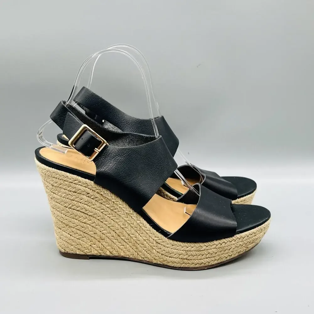 J Crew Sandals Women 8.5 Black Vegan Leather Espadrille Wedge Slingback Shoes